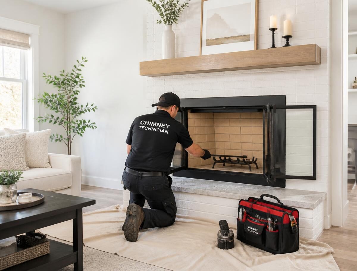 Chimney technician servicing a clean fireplace in a bright living room with a protective drop cloth in place