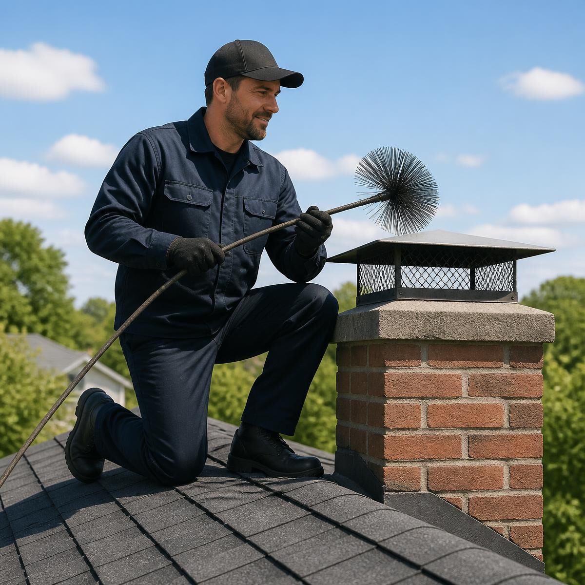 Uniformed chimney technician sweeping a brick chimney flue on a suburban rooftop